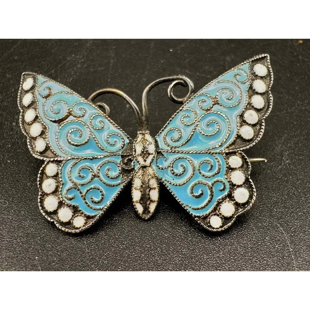 Vintage 925 Sterling Silver Blue Enamel Butterfly Brooch Pin 051 (80)